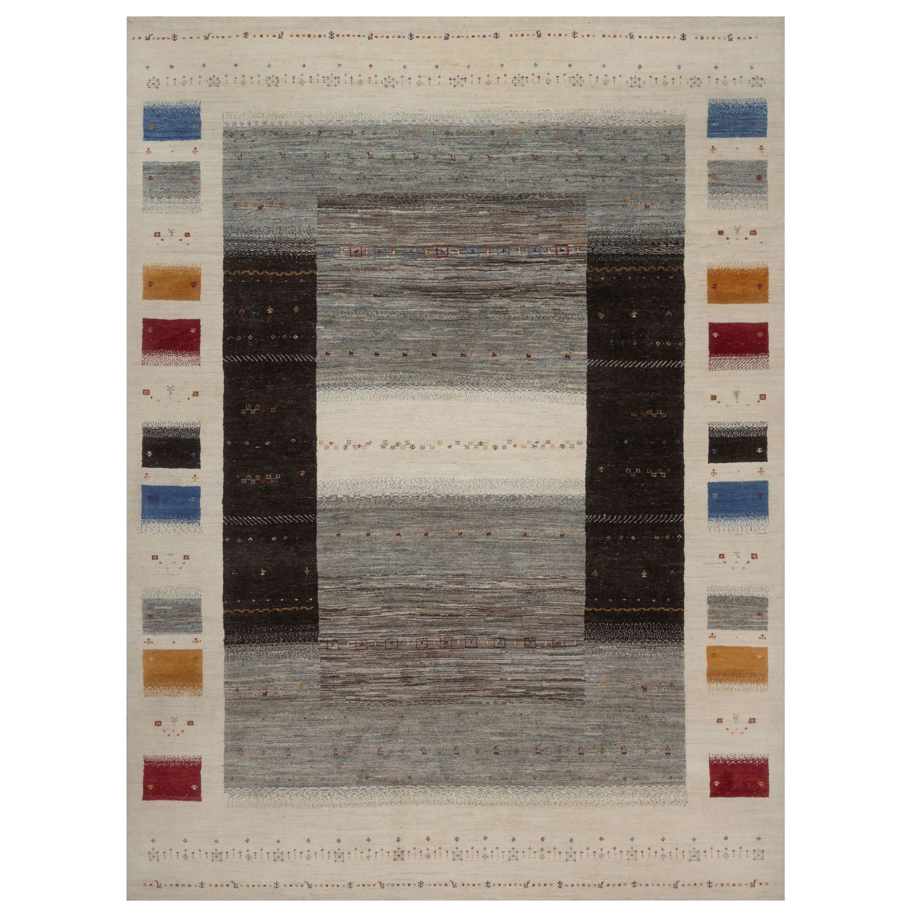 Parchment White, Modern, Lori Buft Gabbeh with Small Animal and Human Figurines, Thick and Plush, Pure Wool, Hand Knotted, Oriental Rug